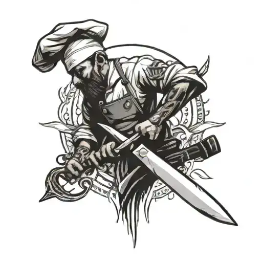 A tattoo idea that combines your passions could be a design featuring a silhouette of a chef’s knife crossing over a foo tattoo design idea