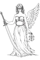 female angel, one wing, sword in one hand, scales in other hand, blindfold, tattoo design idea