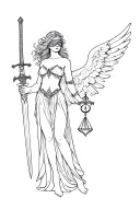 female angel, one wing, sword in one hand, scales in other hand, blindfold, tattoo design idea