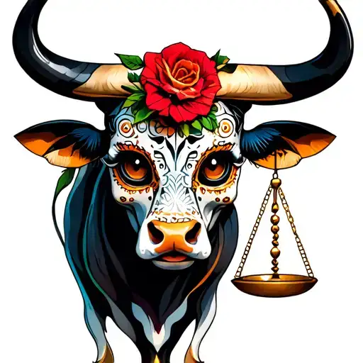 feminine bull with sugar skull markings, brown eyes and two Libra scales and dark background tattoo design idea