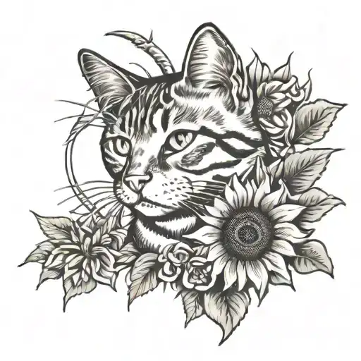 a cat and sunflowers around stencil tattoo tattoo design idea