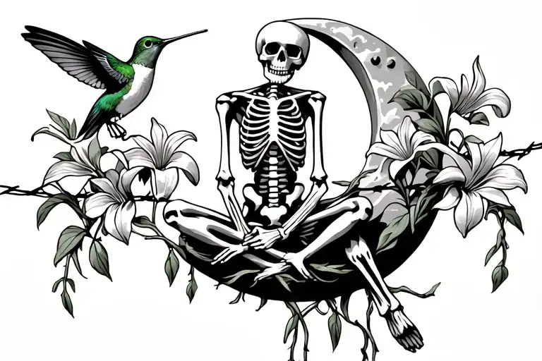 skeleton sitting on half moon holding a hummingbird and lilies growing on barbed wire tattoo design idea