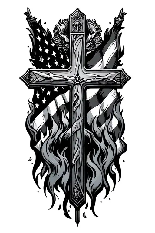 Cross, Flag, Bible Firefighter tattoo design idea