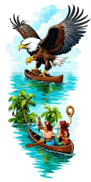 bald eagle at top of sleeve and a Peter Captain Hook in a rowboat around the elbow mermaids below. water scene  tattoo design idea
