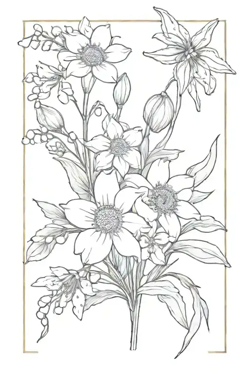 bouquet with chamomile, daffodil, aster, lily of the valley tattoo design idea