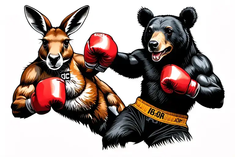 kangaroo and black bear boxing in 1920 fighter styler with boxer shorts and boxing gloves tattoo design idea