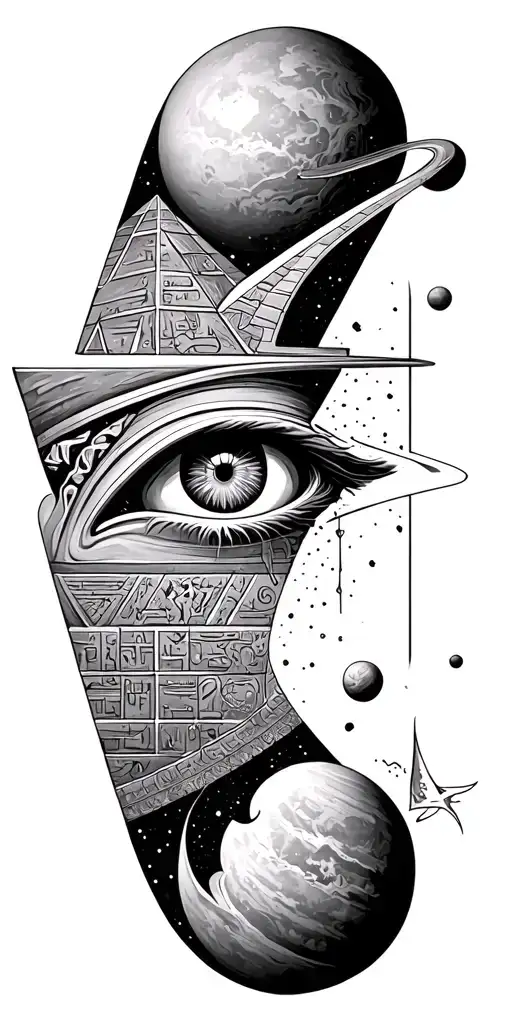 Eye of Horus. Pyramid with alien vs predator. Shoulder with sky and planets.  tattoo design idea