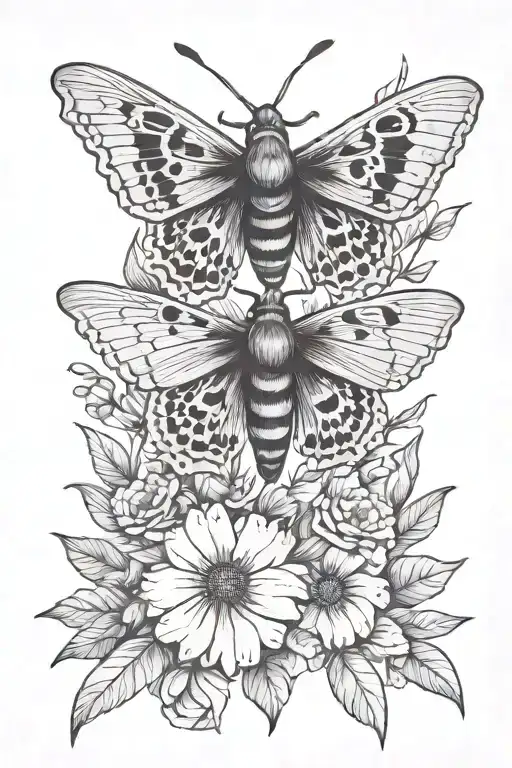moth and flowers tattoo design idea