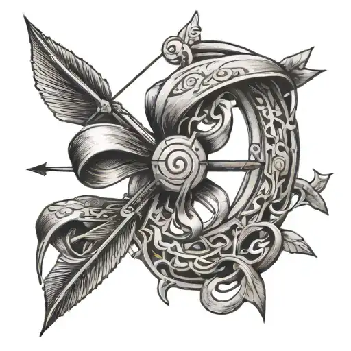 bow with om markings and arrow stretched upwards tattoo design idea
