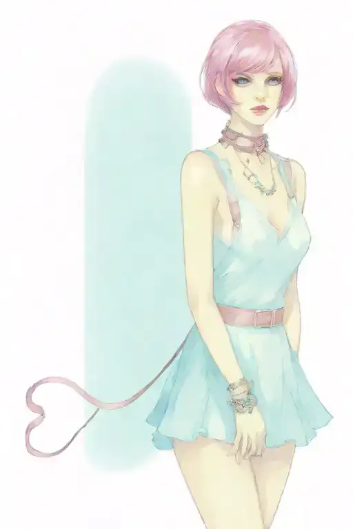 Sissy Slave Pink Leather Collar-with-chain-leash Pixie-cut Brown Hair Blue Eyes Flat Chest full body bra skirt pink tattoo design idea