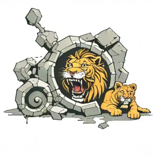 in the broken wall there is a hole in which sits a lion with a grin and a lion cub next to him. tattoo design idea