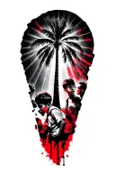 palm tree, 3 boys, rays of light shining brightly tattoo design idea