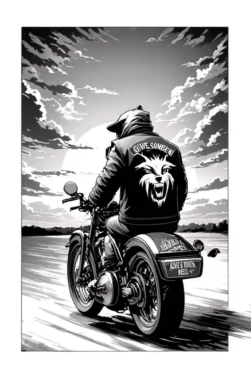 biker riding away in the sunset with a monster/fox symbol on the back of jacket an saying in sky, give heaven some hell tattoo design idea