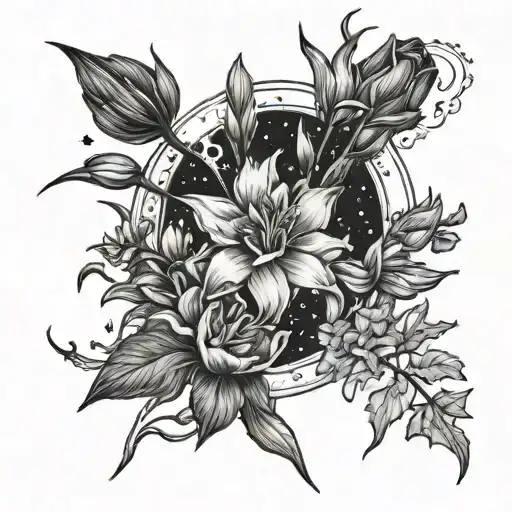 Gladiolus, poppy, larkspur, water lily, jonquil-and daffodil flowers surrounding a campfire with moon and stars in backg tattoo design idea