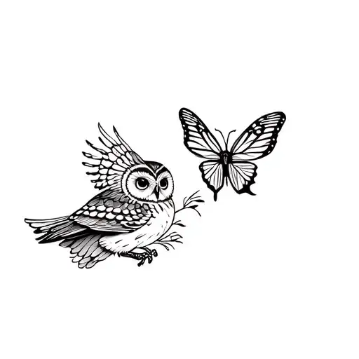 of an owl and next to it, a butterfly, both flying next to each other tattoo design idea