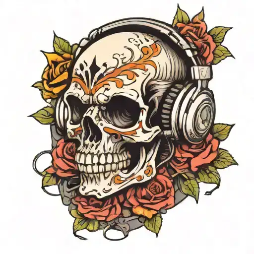 Skull wearing headphones tattoo design idea