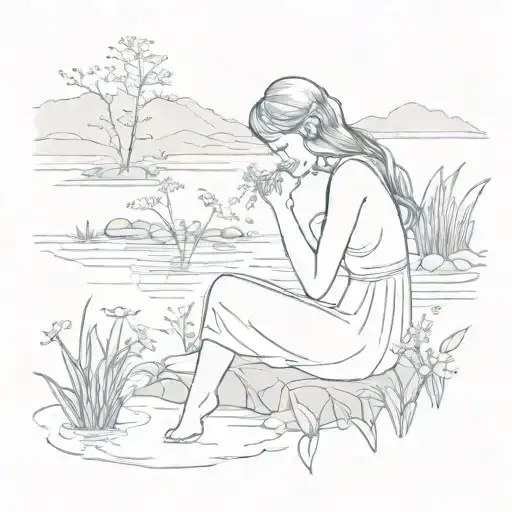 a woman sitting by the river kissing tiny flowers tattoo design idea