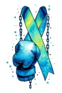 thyroid cancer ribbon crossed with recovery ribbons with boxing gloves held by chains forming the ribbon breaking  tattoo design idea