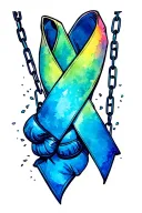 thyroid cancer ribbon crossed with recovery ribbons with boxing gloves held by chains forming the ribbon breaking  tattoo design idea