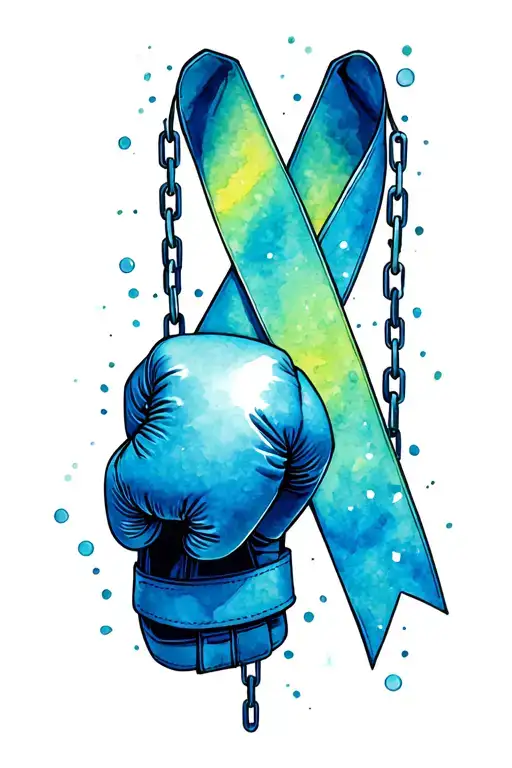 thyroid cancer ribbon crossed with recovery ribbons with boxing gloves held by chains forming the ribbon breaking  tattoo design idea