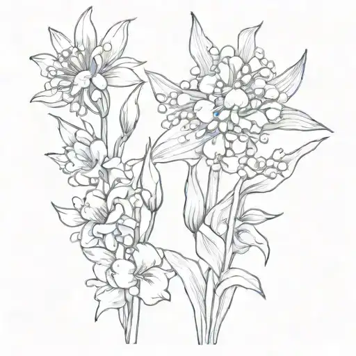 bouquet: violet flower, lily of the valley flower, gladiolus flower, aster flower, aster flower, chrysanthemum flower tattoo design idea