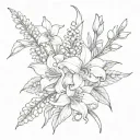 bouquet: violet flower, lily of the valley flower, gladiolus flower, aster flower, aster flower, chrysanthemum flower tattoo design idea