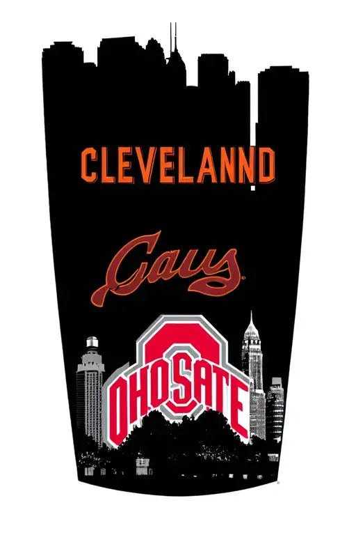 Cleveland skyline with browns, Indians Cavs and Ohio state logo tattoo design idea