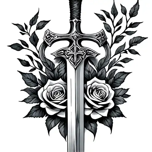forearm templar tattoo with sword, cross and roses tattoo design idea