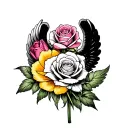and white angel holding a peace rose, pink tulip, yellow rose, peace rose in the middle, flowers have color  tattoo design idea