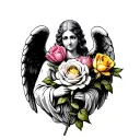 and white angel holding a peace rose, pink tulip, yellow rose, peace rose in the middle, flowers have color  tattoo design idea