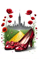 two sparkly flat red ruby shoes with bows on toe and yellow brick road, poppies, emerald city in background tattoo design idea