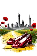 two sparkly flat red ruby shoes with bows on toe and yellow brick road, poppies, emerald city in background tattoo design idea