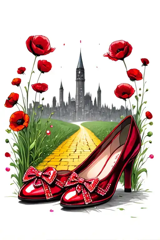 two sparkly flat red ruby shoes with bows on toe and yellow brick road, poppies, emerald city in background tattoo design idea