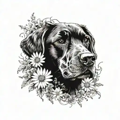 Daisies and sweet pea flower around dog nose print surrounded tattoo design idea