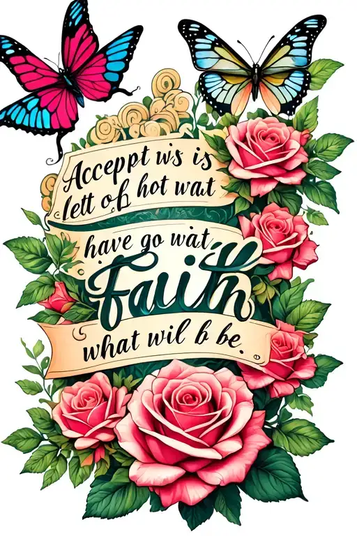 roses and butterflies surrounding a quote 'Accept what is, let go of what was, have faith in what will be' tattoo design idea
