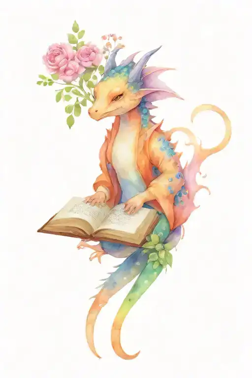 cute dragom reading a book surrounded by flowers tattoo design idea