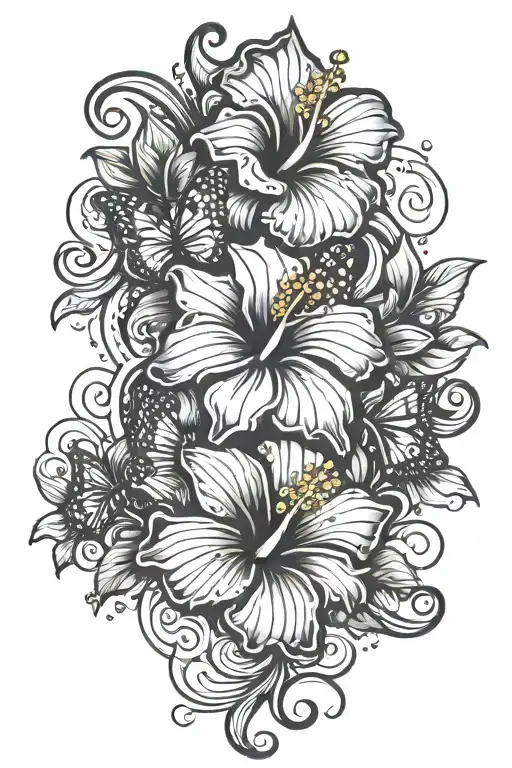 Hibiscus flower with butterfly's, swirls, stars, and jelly fish tattoo design idea