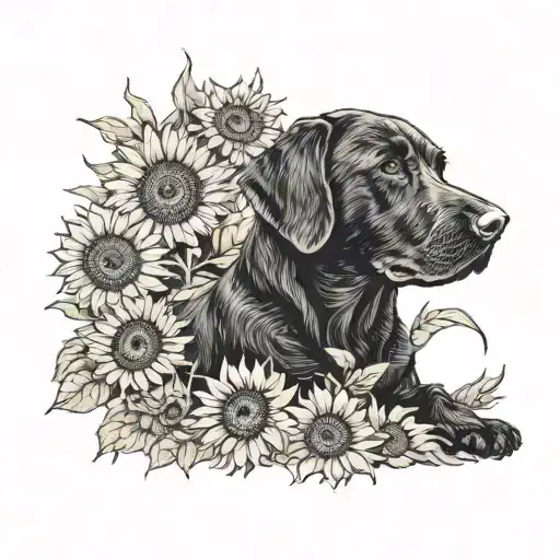 Black lab sitting in a field of sunflowers tattoo design idea