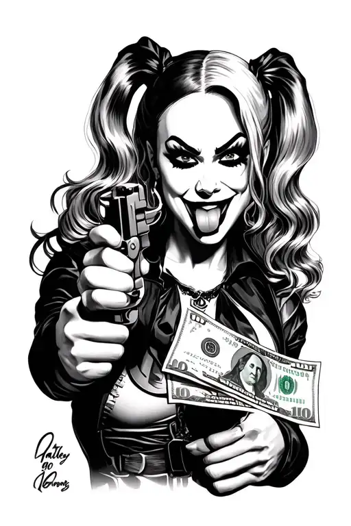 Harley Quinn holding a revolver near her face with her tongue poking out smirking surrendered by $100 bills tattoo design idea