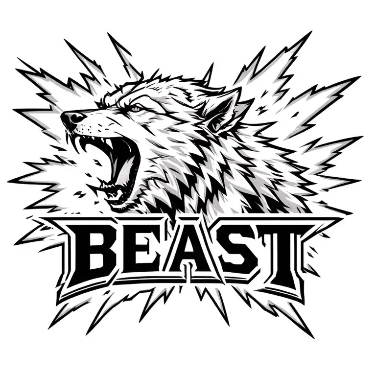 howling werewolf with the word "BEAST" surrounded by lightning tattoo design idea