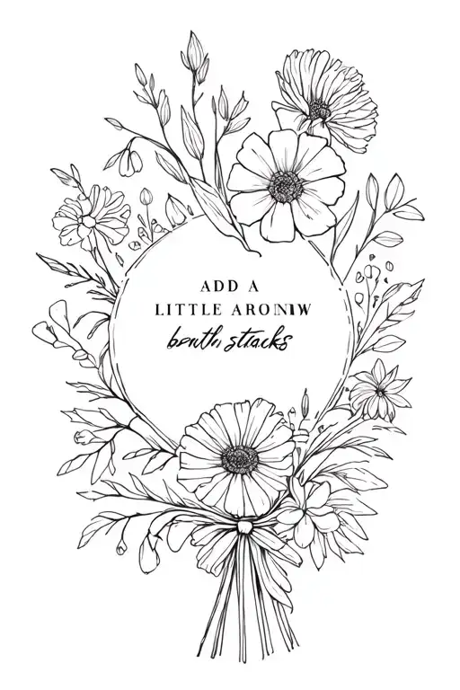 "add a little bow around stalks" a minimalistic birth fower boquet with carnations and snowdrops, gladiolus and poppy, chrysanthemum, holly and narcissus tattoo design idea
