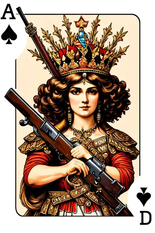 queen card infantry queen of battle queen holding rifle, mirrored vertically tattoo design idea