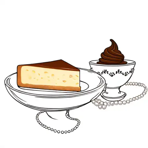 Slice of cheesecake on a small plate next to a fancy dish of chocolate ice cream with a string of pearl necklace around  tattoo design idea