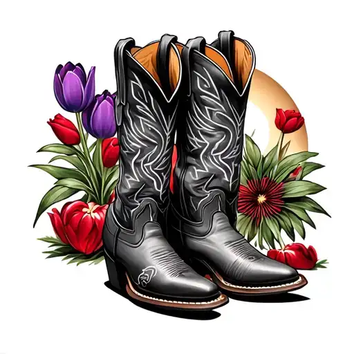2 pairs of cowboy boots to represent my 2 children 1 boy 1 girl, a purple tulip, a red post bicycle and a moon rising in tattoo design idea