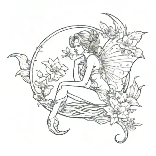 small silhouette of a fairy sitting on a crescent moon with water lillies and violets tattoo design idea