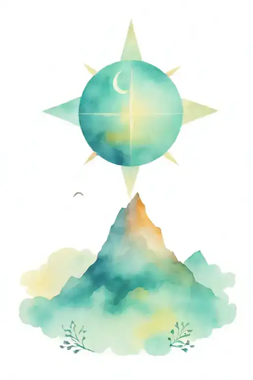 compass rose, mountain, and moon surrounded tattoo design idea