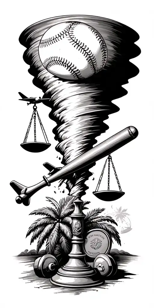 tornado sucking up scales of justice, baseball bat, baseball, airplane, passport, dumbbell, and palm tree. tattoo design idea