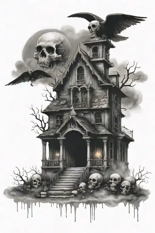 Haunted house graveyard with a skull and thumb prints surrounded by fog tattoo design idea