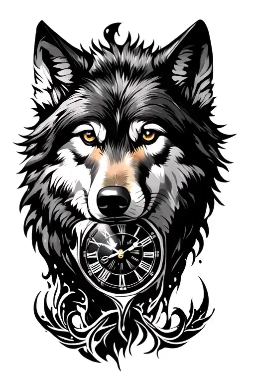 wolf clock tattoo design idea