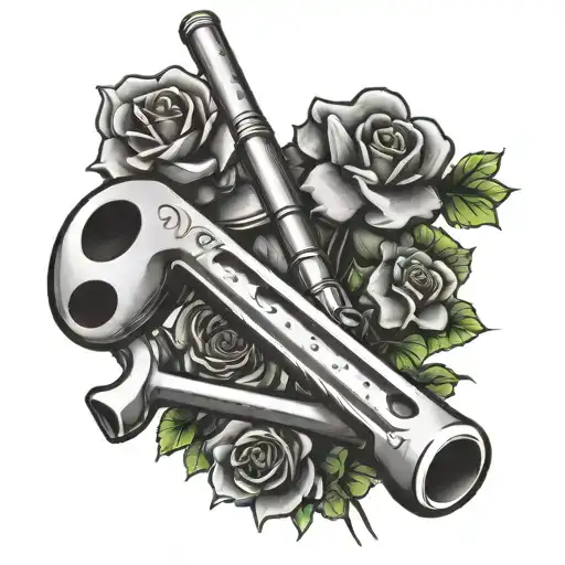 draw mw a pipe wrench with clovers and a rose  tattoo design idea